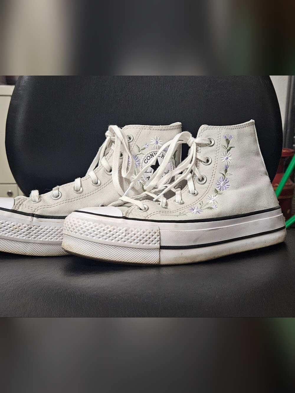 Converse Women's High Top Canvas Sneakers with Lavender Embroidery - Off-White